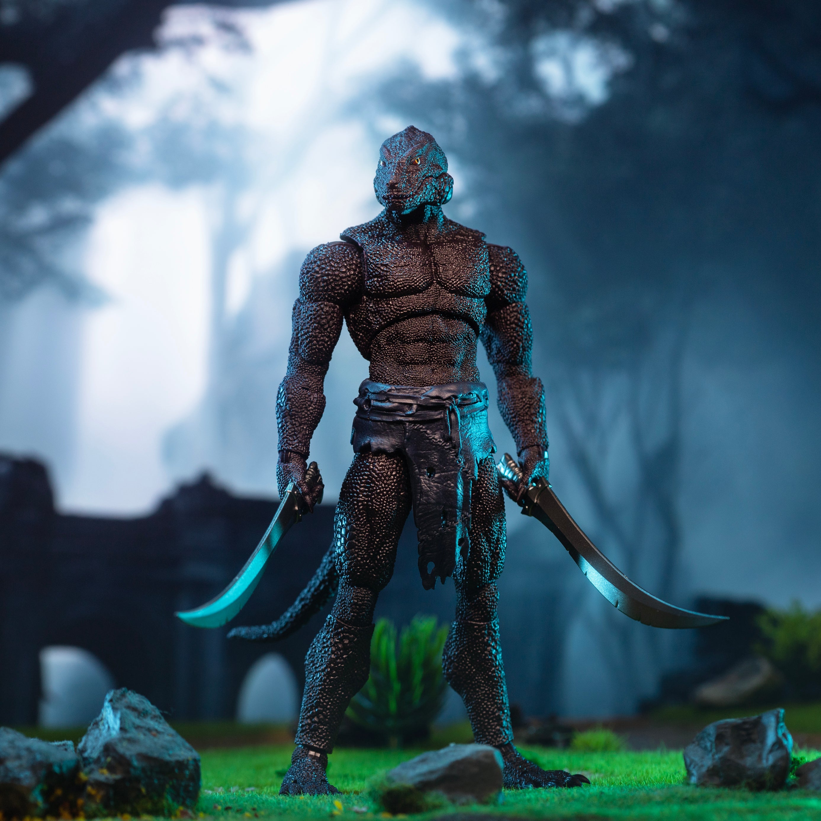 Purple Lemurian in loin cloth holding dual sabers relaxed and pointed low.